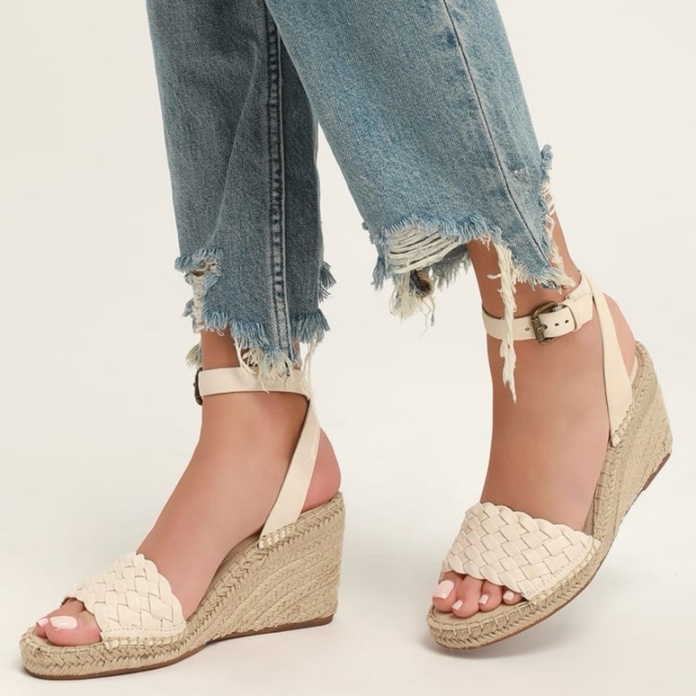 Anthropologie Splendid Tasman Cream Woven Leather Espadrille Wedge Women Size 10